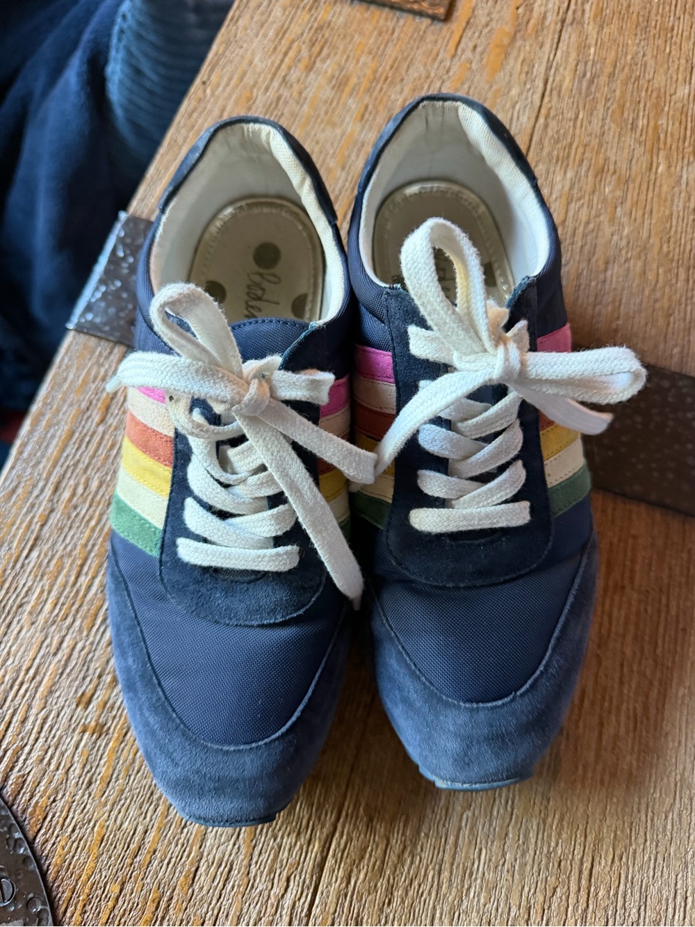Boden Rainbow stripes speakers size 37 (6.5/7) navy suede lace up trainers EUC